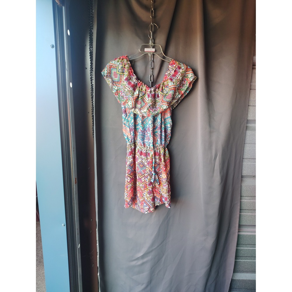 Bebop Womens Boho Geometric Floral Print Off Shoulder Ruffle Romper Multi Small